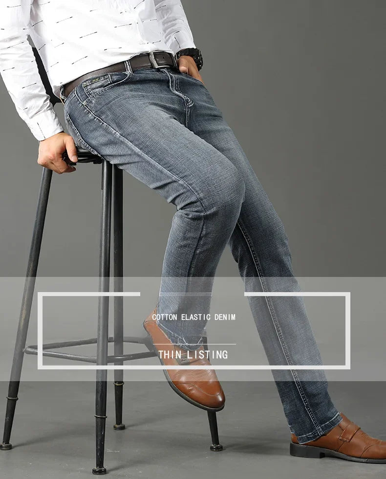 WTHINLEE New 29-40 Men's Spring Autumn Classics Pants, Straight Business Blue Black Jeans, Elastic Slim Fit Casual Work Pants